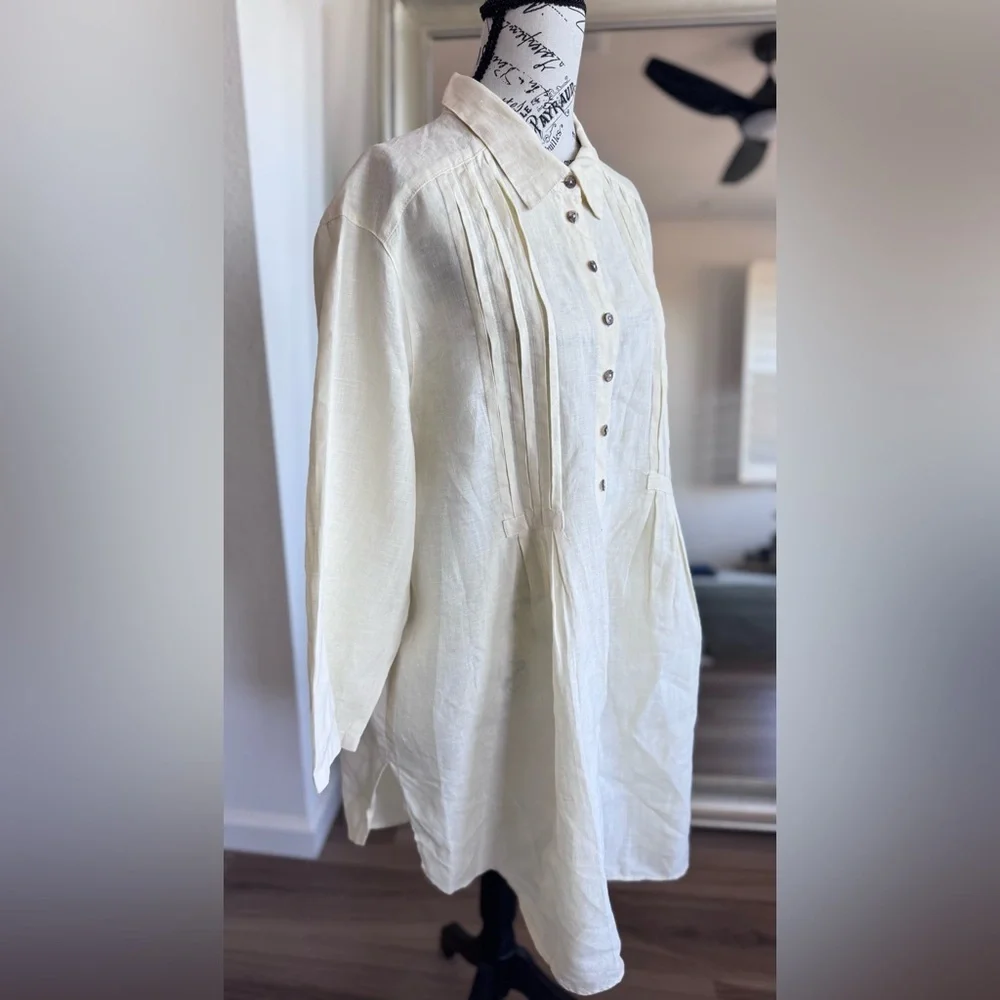 Click Color Me Cotton Beige Cream Linen Pin Tuck Peasant Shirt Dress Size 2XL - Picture 5 of 11